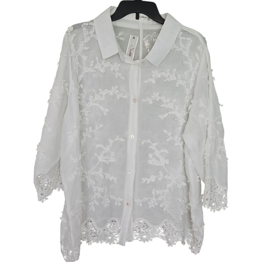 Solitaire White Lace Sheer Button-Up Blouse